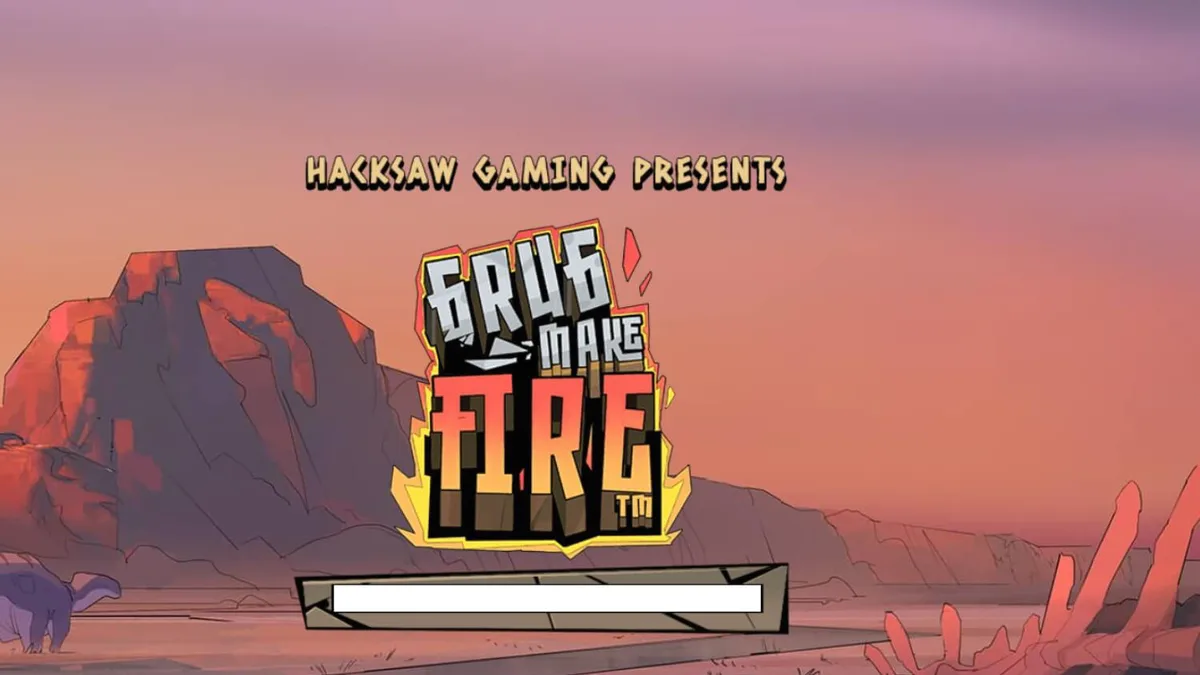 Grug, caveman protagonis dalam slot Grug Make Fire dengan latar belakang prasejarah yang membara.