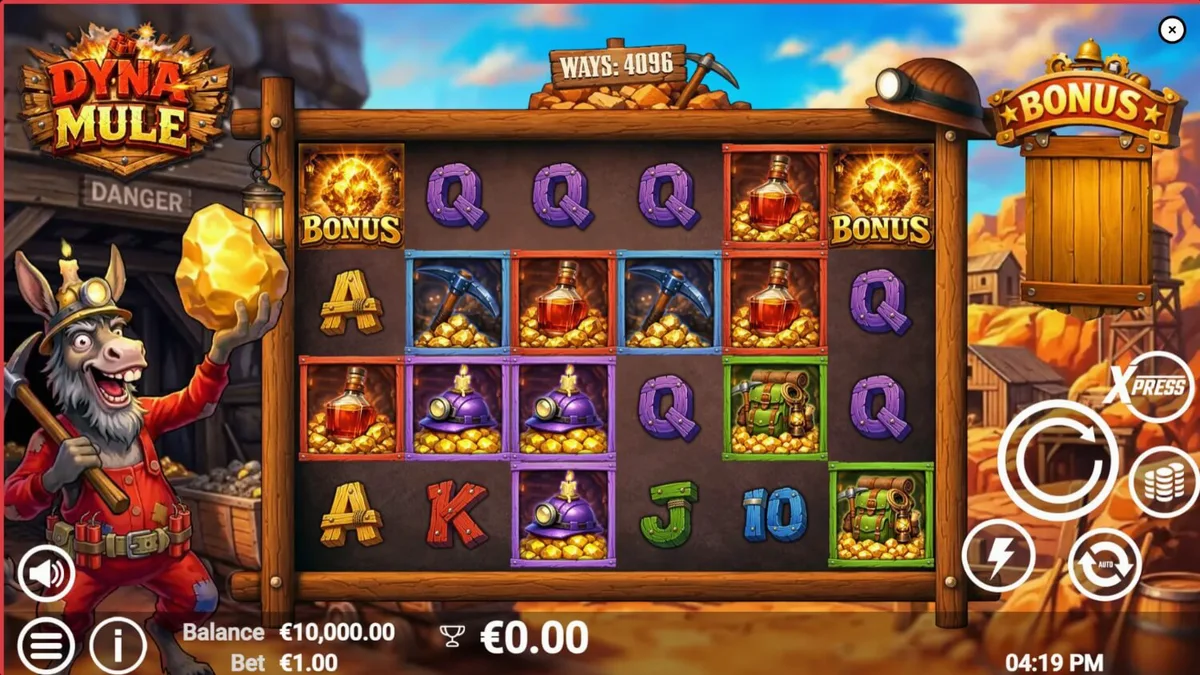 Tampilan visual slot Dyna Mule dengan tema tambang dan mekanik eksplosif