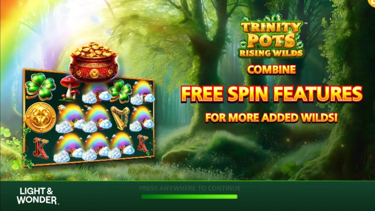 Tampilan visual slot Trinity Pots Rising Wilds dengan tema Irlandia yang ceria