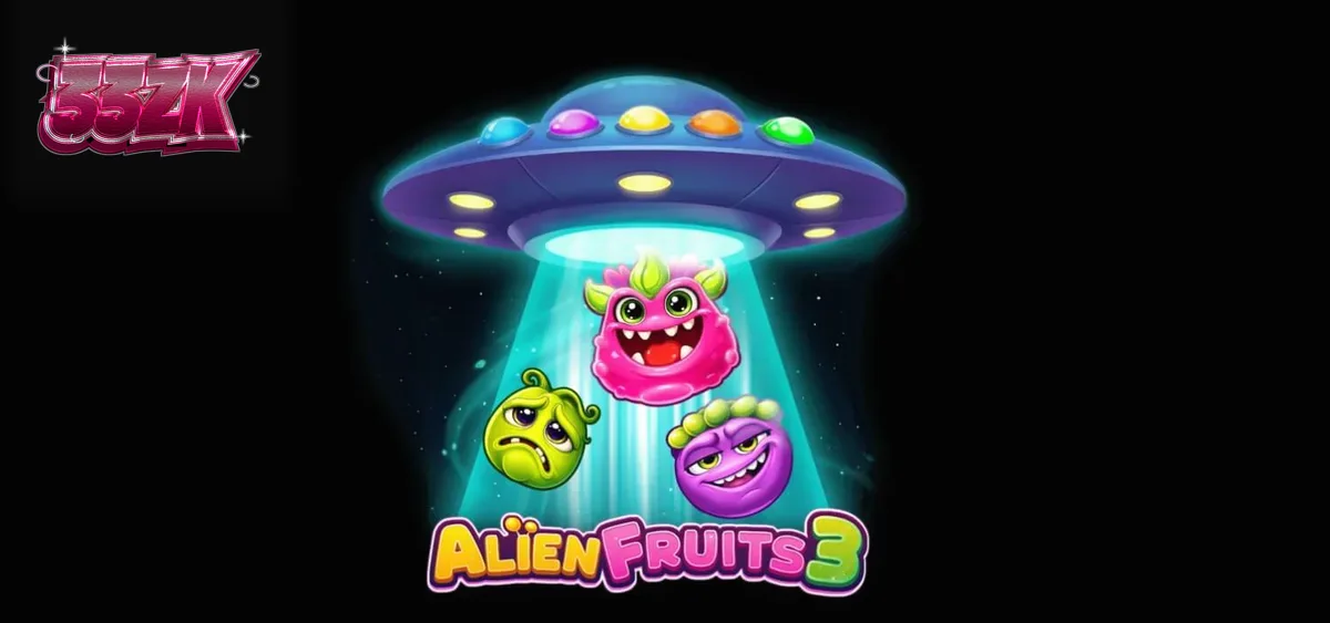 Tampilan antarmuka permainan slot Alien Fruits 3 dengan grid 8x8 dan elemen neon.